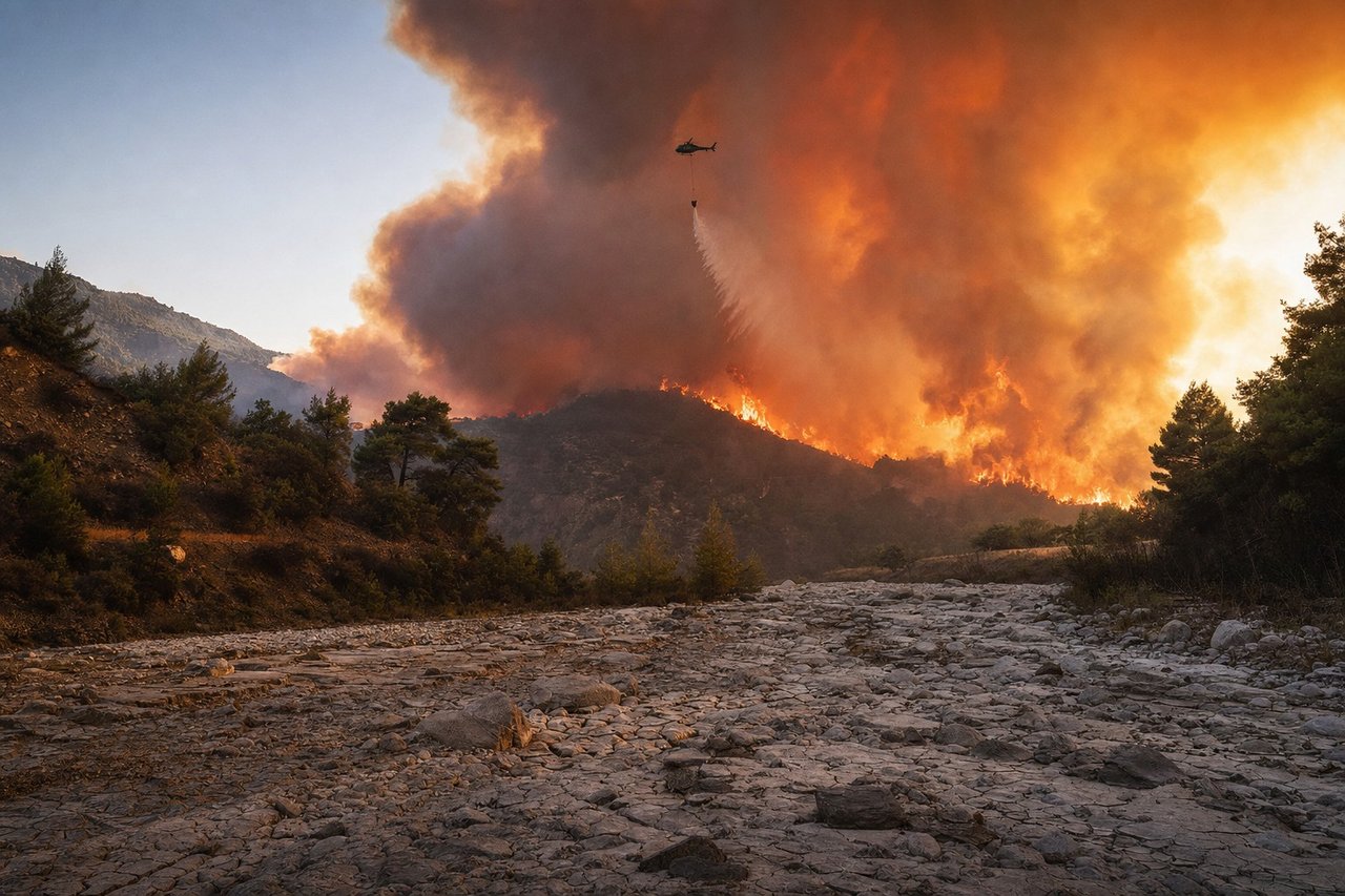 A wildfire burning across a hillside above a dried, cracked riverbed in southern Europe, a helicopter dropping water against the smoke