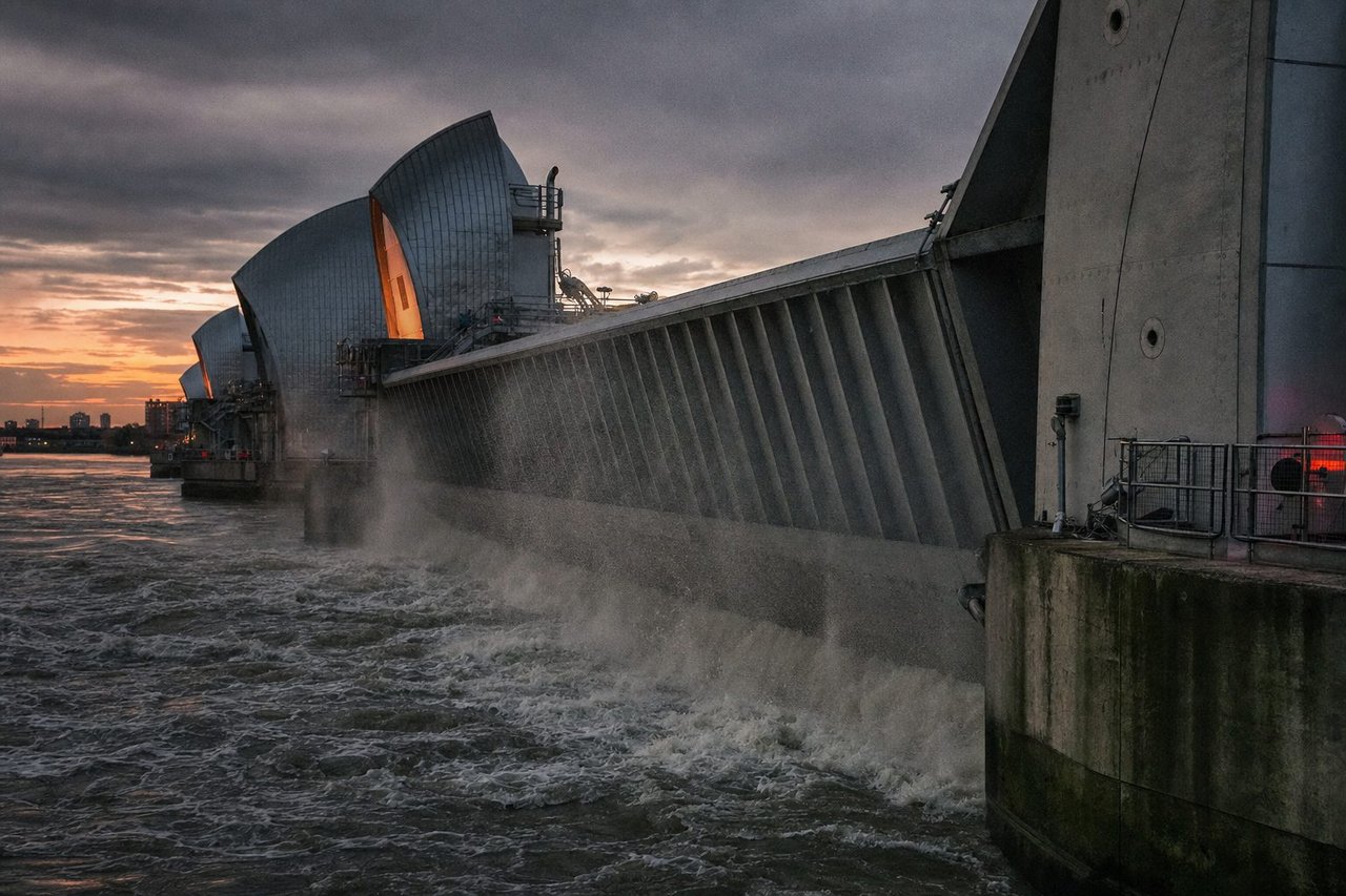 A flood-barrier gate deploying across a city canal under storm clouds
