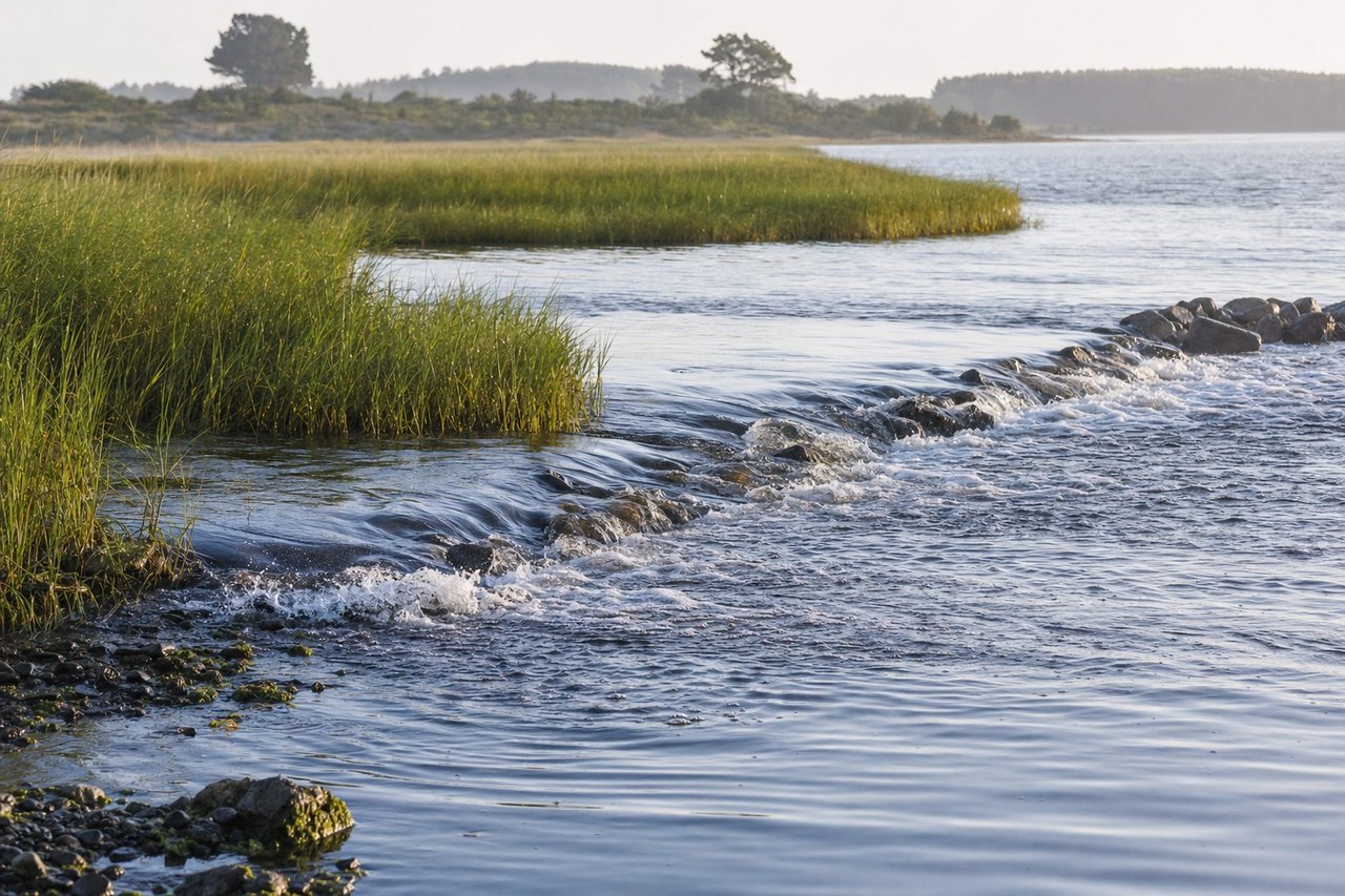A restored tidal shoreline with cordgrass marsh and a low rock sill separating a shallow creek from open water (AI-generated image)