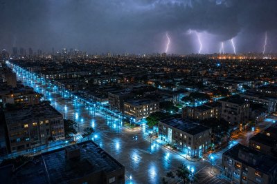 A dense city skyline at night during a storm with a grid of glowing sensor-equipped streetlights