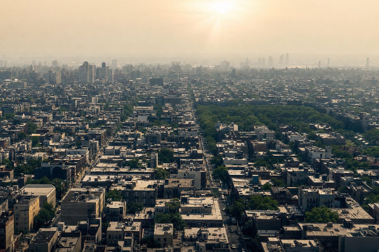 An elevated view of a city with heat haze contrasted against a green park