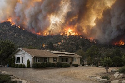 A house with a cleared defensible-space perimeter near a smoky hillside