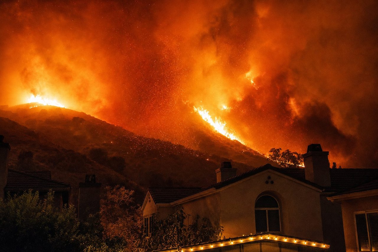 A wildfire burning at dusk, smoke and flame lighting the sky near suburban rooftops