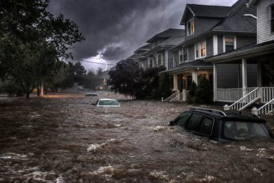 A flooded residential street with water up to car doors